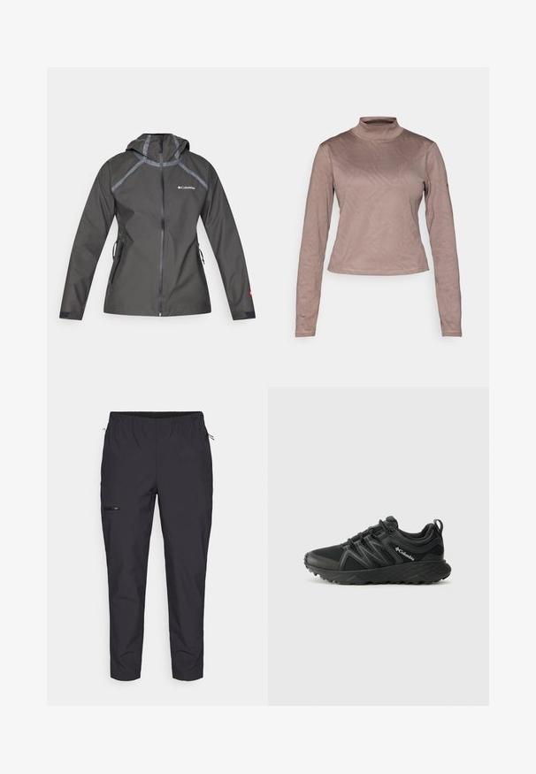 Dark gray waterproof jacket with a hood, featuring seam accents, zippered pockets, and a logo on the chest. Textured fabric.; Columbia GRANITE POINT™ - Long sleeved top - iron; Jack Wolfskin PRELIGHT TRAIL - Outdoor trousers - black; Columbia PEAKFREAK - Hiking shoes - black