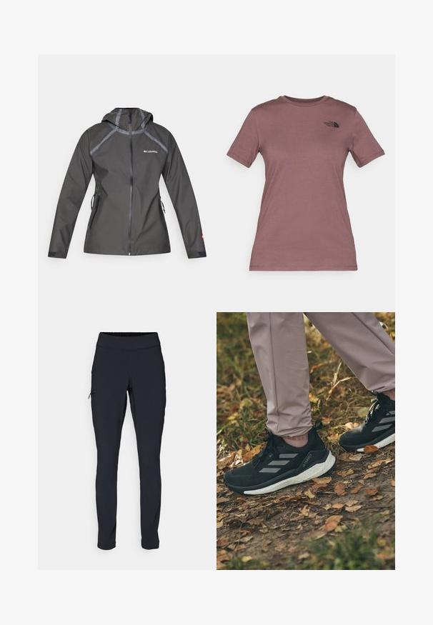 Mørkegrå vandtæt jakke med hætte, featuring sømdetaljer, lynlåslommer og et logo på brystet. Struktureret stof.; Kortærmet crewneck t-shirt i dæmpet mauve, lavet af blødt stof. Har et lille, sort logo på den øverste venstre bryst.; Svarte atletiske bukser med slim fit, elastisk talje og en side lomme med lynlås. Glat, strækbart stof med minimale sømme.; Sorte sportssko med lysegrå striber, med en struktureret overdel, hvid støddæmpende sål, båret med lyserøde bukser, på et bladbeklædt underlag.