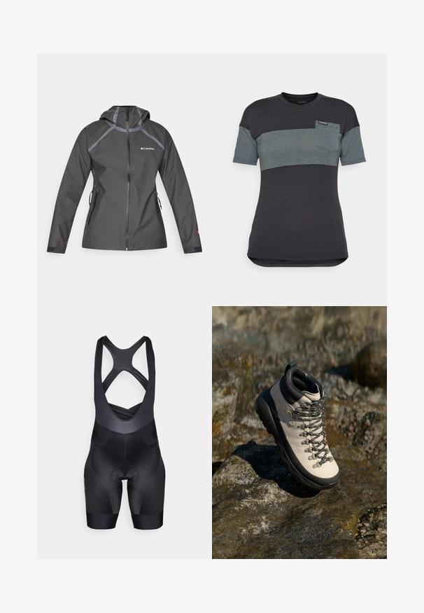 Giacca impermeabile grigio scuro con cappuccio, con accenti sulle cuciture, tasche con zip e logo sul petto. Tessuto testurizzato.; T-shirt a maniche corte in grigio scuro e teal con un blocco di colore orizzontale, caratterizzato da una tasca sul petto e un'etichetta sul colletto.; Pantaloni bib da ciclismo neri con design aderente, parte superiore testurizzata e area imbottita per il sedile. Presentano spalline incrociate e nessun logo visibile.; Stivale da trekking beige chiaro con suola in gomma nera, parte superiore flessibile, occhielli in metallo e lacci grigi, posizionato su una superficie rocciosa.