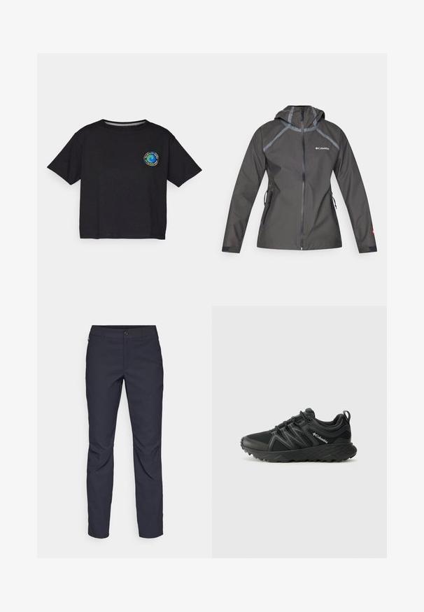 Tmavě šedá voděodolná bunda s kapucí, ozdobená švy, kapsami na zip a logem na hrudi. Texturovaná látka.; Černé bavlněné tričko s krátkým rukávem, na hrudi s kulatým vícBarevným logem. Rovný lem a volný střih.; Námořnické modré kalhoty vyrobené z hladké tkaniny, s předním zapínáním na knoflík, přiléhavým střihem a sklady v oblasti kolen.; Columbia PEAKFREAK - Trekingové boty - black