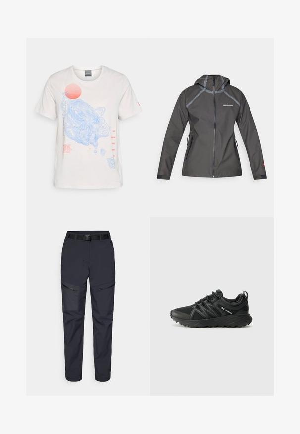 Tumedast hall vihmavaba jakk kapuutsiga, millel on õmbluste aktsendid, tõmblukuga taskud ja logo rinnal. Tekstuuriga kangas.; Valge puuvillane T-särk, millel on sinised kontuurjooned ja punase päikese graafika, mille ees on punased teksti detailid. Lühikesed varrukad, ümar kaelus.; Tumed välispüksid, valmistatud sünteetilisest materjalist, millel on lukuga taskud, vöö ja kitsenev jalgade disain. Sile tekstuur minimaalsete aktsentidega.; Columbia PEAKFREAK - Matkajalatsid - black