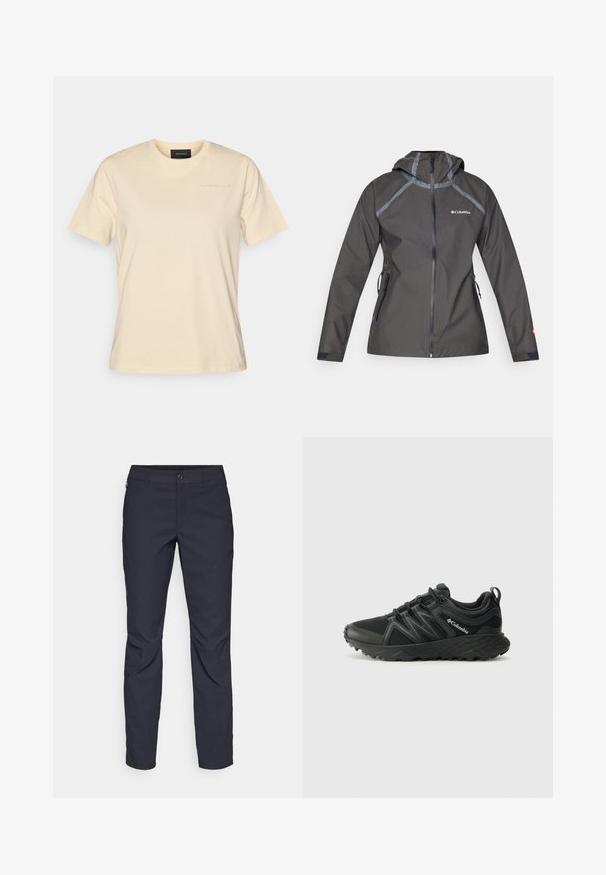 Tumedast hall vihmavaba jakk kapuutsiga, millel on õmbluste aktsendid, tõmblukuga taskud ja logo rinnal. Tekstuuriga kangas.; Lühikeste varrukatega, ümmarguse kaelusega T-särk heledat bežist puuvillast, millel on rindkere piirkonnas väike, sama tooni logo ja mugav lõige.; Tumedat sinised püksid sujuva kangaga, millel on esiääre nuppude sulgemine, kitsas lõige ja volditud detailid põlvede piirkonnas.; Columbia PEAKFREAK - Matkajalatsid - black