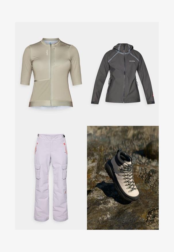 Σκούρο γκρι αδιάβροχο μπουφάν με κουκούλα, που διαθέτει ραφές, φερμουάρ στις τσέπες και λογότυπο στο στήθος. Υφασμάτινη υφή.; Τις βερμούδες ποδηλασίας με κοντό μανίκι σε ανοιχτό μπεζ, διαθέτουν μπροστινό φερμουάρ, υφασμάτινη υφή και τσέπη με φερμουάρ στο στήθος.; Ανοιχτό μοβ παντελόνι χιονιού κατασκευασμένο από ανθεκτικό υλικό, με πλάγιες τσέπες και πορτοκαλί λεπτομέρειες και άνετη εφαρμογή. Περιλαμβάνει ρυθμιζόμενη μέση.; Ανοιχτό μπεζ ορειβατικό μποτάκι με μαύρη καουτσούκ σόλα, ευέλικτο πάνω μέρος, μεταλλικές θηλιές και γκρι κορδόνια, τοποθετημένο σε βραχώδη επιφάνεια.