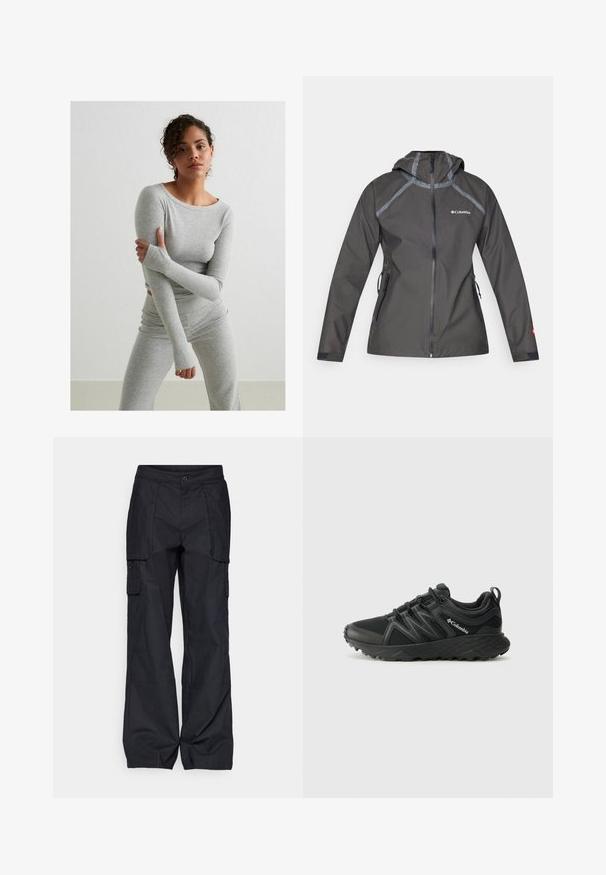 Dunkelgraue wasserdichte Jacke mit Kapuze, mit Nahtakzenten, Reißverschlusstaschen und einem Logo auf der Brust. Texturiertes Material.; Graues Langarmoberteil und passende Leggings aus geripptem Stoff, mit Daumenlöchern und rundem Ausschnitt, auf einem einfarbigen Hintergrund.; Columbia BREA FALLS™ COTTON RIPSTOP PANT - Outdoor-Hose - black; Columbia PEAKFREAK - Hikingschuh - black