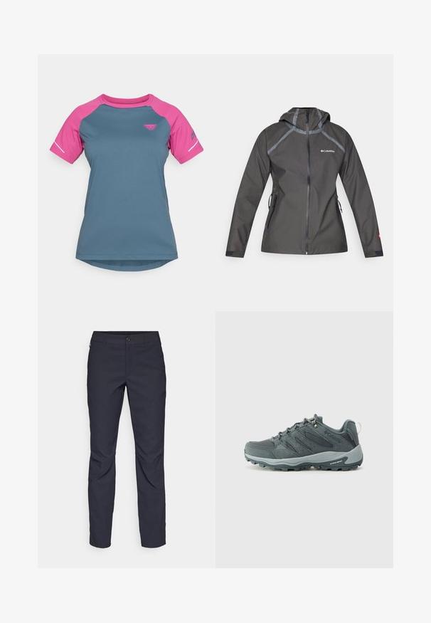 Tmavošedá nepremokavá bunda s kapucňou, s prešívaním, zipsovými vreckami a logom na hrudi. Textúrovaná tkanina.; Triko s krátkym rukávom pre športové aktivity, s telom v odtieni teal a rukávmi v ružovej farbe. Vyrobené z ľahkej tkaniny s okrúhlym výstrihom.; Námornícke modré nohavice z hladkej tkaniny, s predným zapínaním na gombík, slim-fit strihom a prešívaním v oblasti kolien.; Tmavohnedé turistické topánky s hornou časťou z textilu a semišu, viazaním, polstrovanou podrážkou a robustnou vonkajšou podrážkou s gripom.