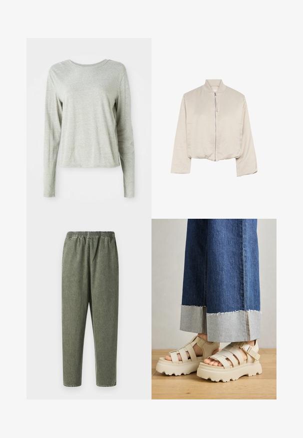 Saīsināta bežā bomber jaka mīkstā audumā, ar stāvošu apkakli, ar rāvējslēdzēju priekšpusē un divām sānu kabatām.; Gai pelēkā krāsa ar garām piedurknēm, izgatavota no mīksta auduma, ar apaļu kakla izgriezumu un brīvu piegriezumu. Šuves detaļas gar malām.; Zaļie kokvilnas maisījuma bikses ar elastīgu jostu, ieapaļu kāju un gludu tekstūru. Nav redzamu piederumu vai papildu rakstiem.; Beige platforma sandales ar biezām zolēm, kurām ir siksniņu dizains un regulējamas potītes siksnas. Valkātas ar platām denima biksēm, kurām viens apakšmalas gals ir izsists.