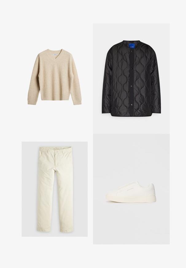 Zwarte gewatteerde jas met een ronde kraag, drukknopen aan de voorkant en een getextureerd golfpatroon op de stof.; Beige, geribbelde trui met V-hals en lange mouwen. Heeft een ontspannen pasvorm en een gestructureerde stof voor extra warmte en comfort.; Lichtbeige losse broek met drie zakken, riemlussen en een recht model. Gemaakt van een zachte katoenmix.; Witte instap sneakers met een gestructureerd oppervlak, een dikke zool en een minimalistisch ontwerp. Bevat het merklogo aan de zijkant.