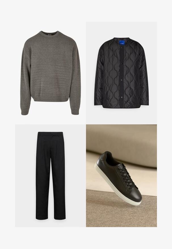 Black quilted jacket featuring a round collar, snap-button front closure, and textured wave pattern on the fabric.; Gray knit sweater with a round neckline, long sleeves, and ribbed cuffs and hem. The fabric is textured and soft, featuring subtle variations.; Black trousers made of smooth fabric, featuring a straight-leg design, two front pleats, and standard waistband with belt loops.; Black leather sneaker with white rubber sole and black laces, positioned against a beige fabric surface and background.