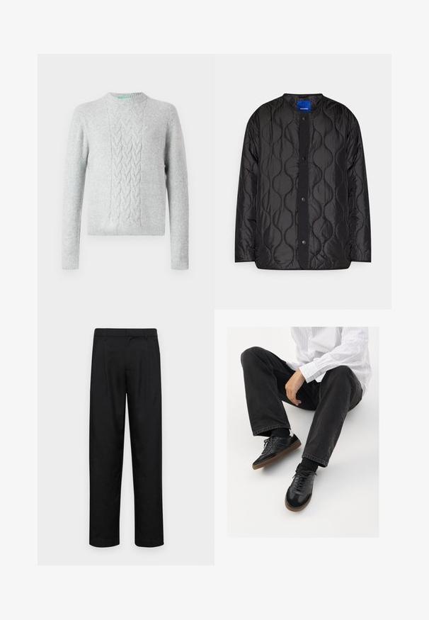 Melna, quiltota jaka ar apaļu apkakli, pogu aizdari priekšpusē un teksturētu viļņu rakstu uz auduma.; Gaiši pelēks adīts džemperis ar kabelīšu rakstu uz krūtīm, ar apaļu kaklu, garām piedurknēm un ribotiem aprocēm un apakšmalu. Gluda tekstūra, minimāla zīmola identifikācija.; Melnas bikses, izgatavotas no gludas auduma, ar taisnu kāju dizainu, divām priekšējām krokām un standarta jostu, kurai ir āķi.; Melnas sporta kurpes ar gludu un teksturētu virsu, apgādātas ar gumijas zoli un tumšiem auklām. Saskaņotas ar melniem džinsiem un baltu svītrainu krekls.