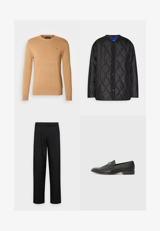 Sort quiltet jakke med rund krave, trykknaplukning foran og struktureret bølgemønster på stoffet.; Beige crewneck sweater lavet af blødt strikmateriale, med lange ærmer og et lille logo broderet på brystet.; Sorte bukser lavet af glat stof, med et lige ben-design, to frontfolder og en standard talje med bæltestropper.; Sorte læder loafers med en glat finish, der har et syet design og et dekorativt metal kædeaccent hen over vamps. Flad hæl.