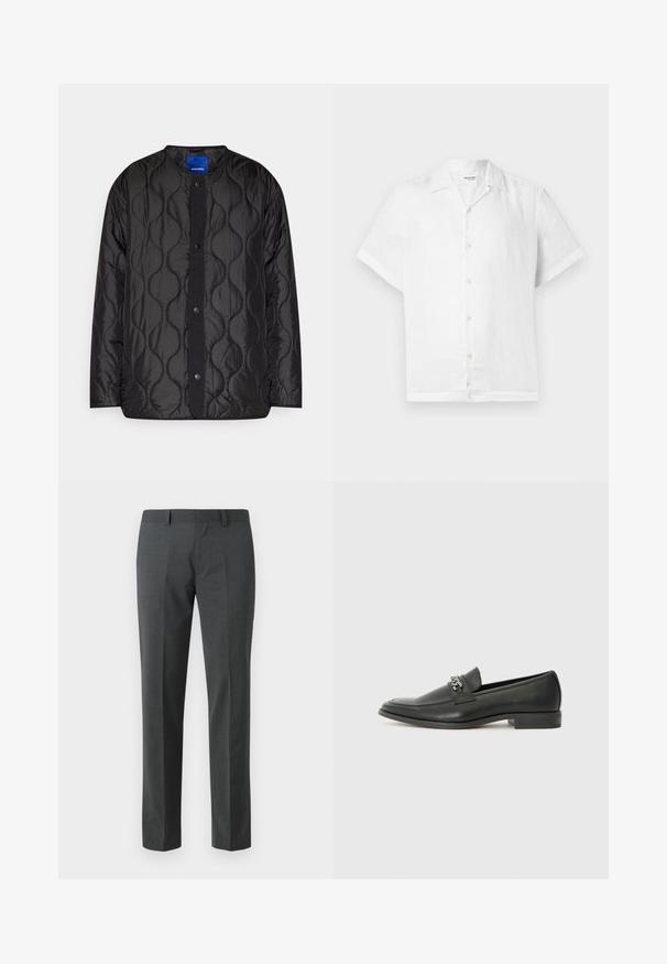 Černá prošívaná bunda s kulatým límcem, uzavíráním na cvoky a strukturovaným vlnitým vzorem na látce.; Bílá lněná košile s krátkým rukávem, límečkem a pěti světlými knoflíky vpředu; hladká textura a uvolněný střih.; Tmavě šedé kalhoty na míru vyrobené z hladkého textilu. Mají rovné nohavice, plochý přední díl a poutka na opasek. Bez viditelných vzorů nebo akcentů.; Černé kožené mokasíny s hladkým povrchem, s prošívaným designem a dekoračním kovovým řetízkem přes nárt. Plochý podpatek.
