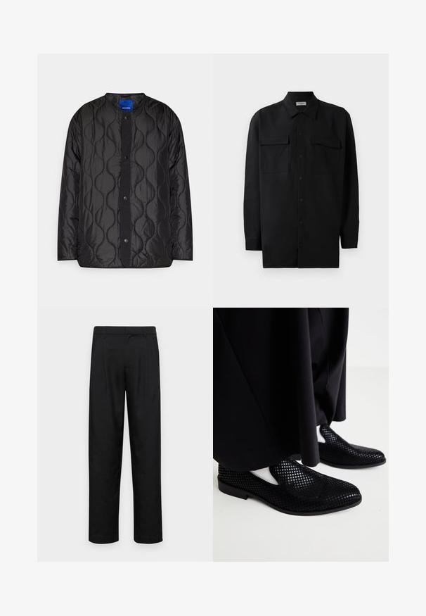 Mustmustrits jakK, millel on ümmargune krae, nööpidega esine sulgemine ja tekstureeritud laine muster kangal.; Mustmust värvi nööpidega särk, mis on valmistatud sujuvast kangast, klassikalise kraega, kahe eesmise tasku ja pikkade varrukatega, millel on nööpidega mansetid.; Mustad mustadest riietest, millel on sirge jalgade disain, kaks eesmist voltimist ja tavaline vöökoht, millel on vöökohad.; Mustad perforatsioonidega libisemisega jalanõud, millel on lame tall ja sile tekstuur. Minimalistlik disain külgmiste lõigetega. Kombineeritud mustade pükstega.