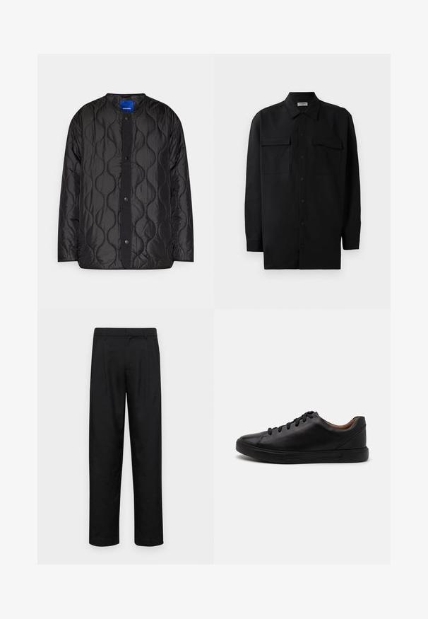 Jachetă neagră matlasată cu guler rotund, închidere frontală cu capse și model texturat în valuri pe țesătură.; Cămașă neagră cu nasturi, confecționată dintr-un material neted, având un guler clasic, două buzunare frontale și mâneci lungi cu manșete cu nasturi.; Pantaloni negri dintr-un material neted, cu un design drept, două pliuri frontale și un tiv standard cu bucle pentru curea.; Adidași din piele neagră cu un finisaj neted, vârf rotund și sistem de închidere cu șnururi pe șase găuri; prezintă o talpă din cauciuc negru pentru aderență.
