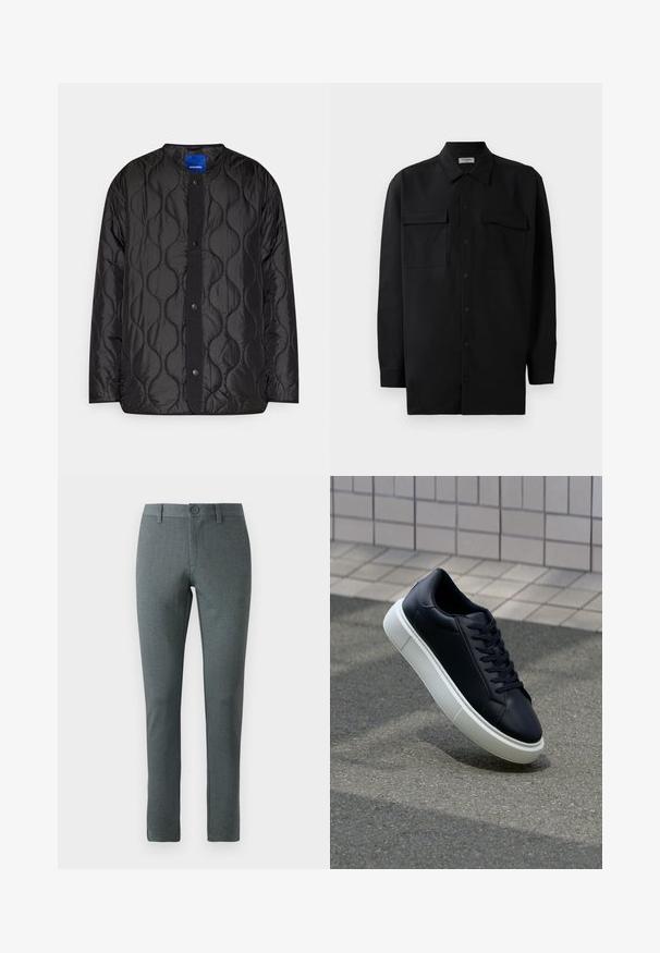 Svart quiltet jakke med rund krage, trykknap-lukking foran og teksturert bølge-mønster på stoffet.; Svart skjorte med knapper laget av glatt stoff, med klassisk krage, to frontlommer og lange ermer med knappe mansjetter.; Grå skreddersydde bukser med teksturert stoff, rett snitt, knappelukking, beltehemper og slank passform.; Sorte skinnsneakers med rund tå og hvit gummisåle. Har flate lisser og minimal søm på overdelen. Strukturert såle for grep.