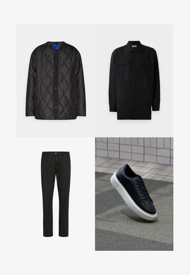 Černá prošívaná bunda s kulatým límcem, uzavíráním na cvoky a strukturovaným vlnitým vzorem na látce.; Černá košile na knoflíky vyrobená z hladké tkaniny, s klasickým límcem, dvěma předními kapsami a dlouhými rukávy s knoflíkovými manžetami.; Černé bavlněné kalhoty s rovnými nohavicemi, předním zapínáním na knoflík a dvěma bočními kapsami; hladká textura s minimalistickým designem.; Černé kožené tenisky s kulatou špičkou a bílou gumovou podrážkou. mají ploché tkaničky a minimální šití na svršku. Texturovaná podrážka pro lepší přilnavost.
