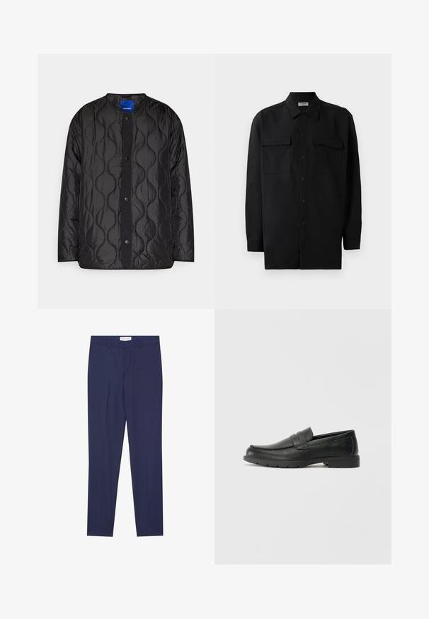 Melna, quiltota jaka ar apaļu apkakli, pogu aizdari priekšpusē un teksturētu viļņu rakstu uz auduma.; Melnā pogu krekla, kas izgatavota no gludas auduma, ar klasisku apkakli, divām priekšējām kabatām un garām piedurknēm ar pogu aprocēm.; Jūras spēku piedurknes bikses, kas izgatavotas no gludas auduma, ar plakanu priekšpusi, divām sānu kabatām, rāvējslēdzēju un tīru apakšmalu bez rakstiem vai akcentiem.; Melnas ādas loafers ar gludu apdari, mokasīnu stila augšdaļu, šūtu detalizāciju un gumijas zoli. Klasisks dizains ar zemu papēdi.