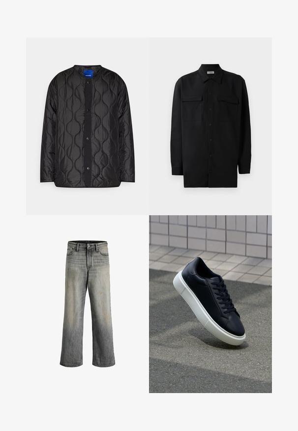 Melna, quiltota jaka ar apaļu apkakli, pogu aizdari priekšpusē un teksturētu viļņu rakstu uz auduma.; Melnā pogu krekla, kas izgatavota no gludas auduma, ar klasisku apkakli, divām priekšējām kabatām un garām piedurknēm ar pogu aprocēm.; Plaša kāju džinsi izbalinātā pelēkā denima ar nelielu ombre efektu. Citas priekšrocības ietver priekšējās kabatas un redzamas šuvju detaļas. Klusas nolietošanās pazīmes.; Melnas ādas kedas ar noapaļotu pirkstu un baltu gumijas zoli. Iespējas - plakanas šņorītes un minimāla apdare augšdaļā. Struktūrēta zole, lai nodrošinātu saķeri.