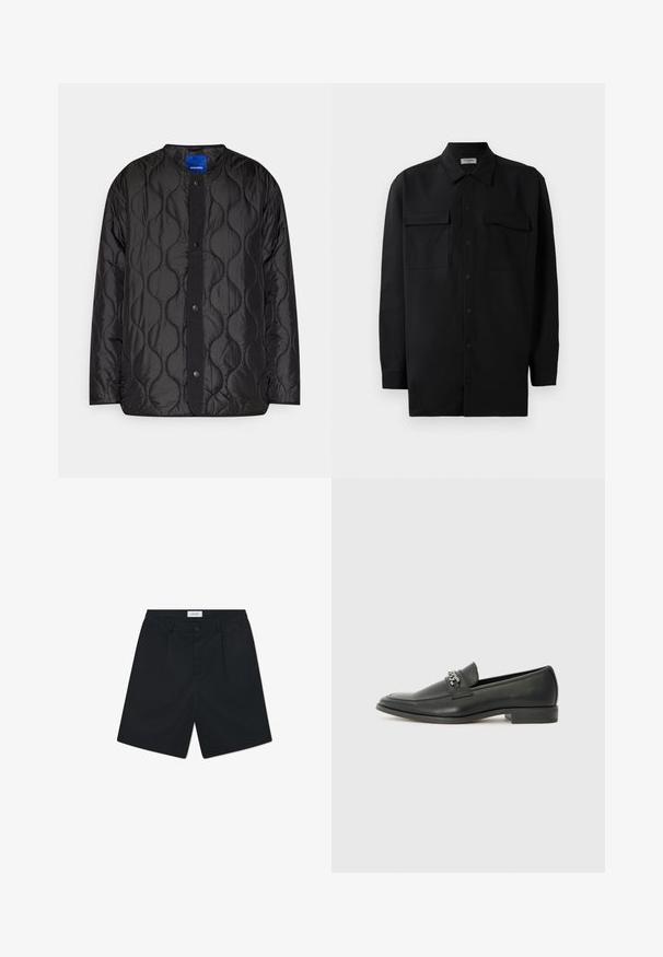 Melna, quiltota jaka ar apaļu apkakli, pogu aizdari priekšpusē un teksturētu viļņu rakstu uz auduma.; Melnā pogu krekla, kas izgatavota no gludas auduma, ar klasisku apkakli, divām priekšējām kabatām un garām piedurknēm ar pogu aprocēm.; Melni šorti, kas izgatavoti no auduma ar gludu tekstūru. Iespējas ietver pogu aizdari, divus priekšējos krokus un standarta jostasvietu.; Melna ādas loafer izmēra apavi ar gludu virsmu, piedāvā ar šūtu dizainu un dekoratīvu metāla ķēdes akcentu pār vampu. Plakana papēža daļa.