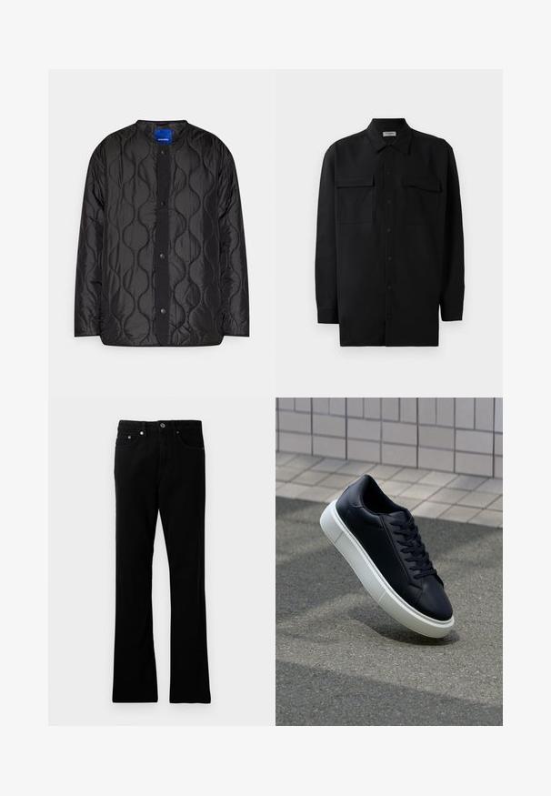 Giubbotto nero trapuntato con colletto rotondo, chiusura frontale con bottoni a pressione e motivo a onde testurizzate sul tessuto.; Camicia nera con bottoni realizzata in tessuto morbido, dotata di colletto classico, due tasche frontali e maniche lunghe con polsini a bottone.; Pantaloni in denim nero con vestibilità dritta, cinque tasche, chiusura con bottone in metallo e dettagli di cucitura discreti. Texture liscia e colore uniforme.; Sneaker in pelle nera con punta arrotondata e suola in gomma bianca. Presenta lacci piatti e cuciture minime sulla parte superiore. Suola testurizzata per una migliore aderenza.