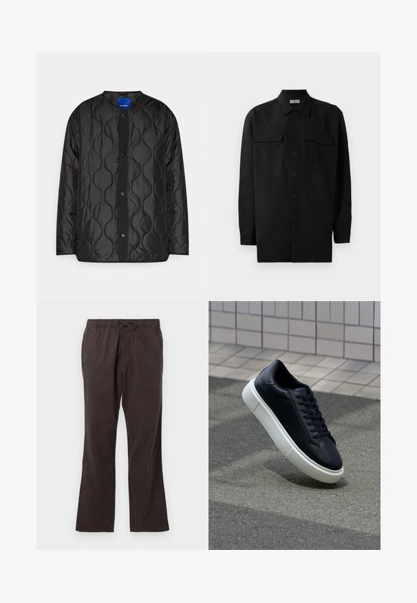 Fekete steppelt kabát kerek gallérral, kapcsos elülső záródással és texturált hullámmintával az anyagon.; Fekete gombos ing, sima anyagból készült, klasszikus gallérral, két elülső zsebbel és hosszú ujjakkal, amelyek gombos mandzsettával záródnak.; Sötétbarna, gumi derékpántos nadrág húzózsinórral, egyenes szárú kialakítással és sima, texturált anyaggal.; Fekete bőr sportcipő lekerekített orral és fehér gumitalppal. Lapos fűzőkkel és minimális varrásokkal rendelkezik a felsőrészén. Mintás talp a tapadásért.