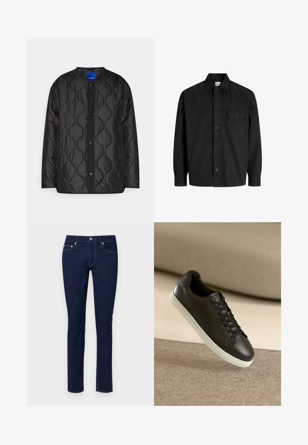 Black quilted jacket featuring a round collar, snap-button front closure, and textured wave pattern on the fabric.; Black long-sleeve button-up shirt with collar and single chest pocket featuring a buttoned flap.; Only & Sons ONSLOOM BOX - Slim fit jeans - dark blue denim; Black leather sneaker with white rubber sole and black laces, positioned against a beige fabric surface and background.