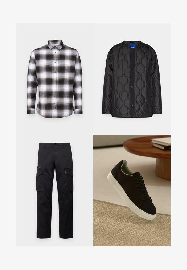 Zwarte gewatteerde jas met een ronde kraag, drukknopen aan de voorkant en een getextureerd golfpatroon op de stof.; Langarm geruite overhemd in bruin, zwart en wit, met een button-down kraag en bruine knopen op een zachte stof.; Zwarte cargobroek met meerdere zakken, een ritszak op de dij, rechte pasvorm en stevige katoen met een subtiele glans.; Zwarte sneaker met witte zool die boven een beige gestructureerd tapijt zweeft, nabij een ronde houten tafel met gestapelde boeken.