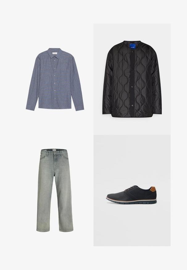 Black quilted jacket featuring a round collar, snap-button front closure, and textured wave pattern on the fabric.; Blue and brown checkered long-sleeve shirt with a pointed collar, button front, and single cuffs. Soft fabric, regular fit.; Light gray, loose-fitting jeans made of denim. Features a classic five-pocket design, belt loops, and a straight leg silhouette.; Black synthetic shoes with a textured upper, smooth accents, brown heel, and a contrasting sole. Features minimal lacing and stitch details.