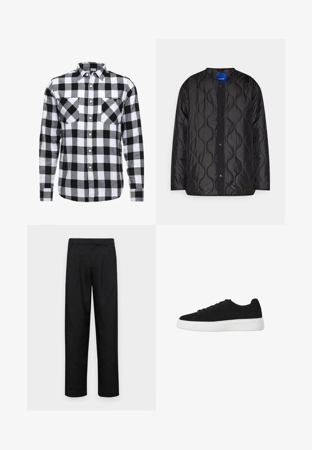Čierna prešívaná bunda s okrúhlym golierom, zapínaním na cvočky a textúrovaným vlnitým vzorom na látke.; Čierno-biely károvaný košeľový top s dlhými rukávmi, dvoma náprsníkmi a štandardným golierom. Vyrobený z mäkkej látky.; Čierne nohavice vyrobené z hladkej tkaniny, s rovnými nohavicami, dvoma prednými skladmi a štandardným pásom s pútkami na opasok.; Čierne semišové tenisky s okrúhlou špičkou, šnurovaním vpredu a bielou gumovou podrážkou. Jednoduchý dizajn s minimálnymi akcentmi a hladkou textúrou.