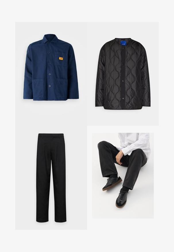 Melna, quiltota jaka ar apaļu apkakli, pogu aizdari priekšpusē un teksturētu viļņu rakstu uz auduma.; Tumši zila kokvilnas jaka ar norādītu apkakli, priekšējām pogām, divām lielām kabatām un mazu dzeltenu uzlīmi uz krūtīm.; Melnas bikses, izgatavotas no gludas auduma, ar taisnu kāju dizainu, divām priekšējām krokām un standarta jostu, kurai ir āķi.; Melnas sporta kurpes ar gludu un teksturētu virsu, apgādātas ar gumijas zoli un tumšiem auklām. Saskaņotas ar melniem džinsiem un baltu svītrainu krekls.