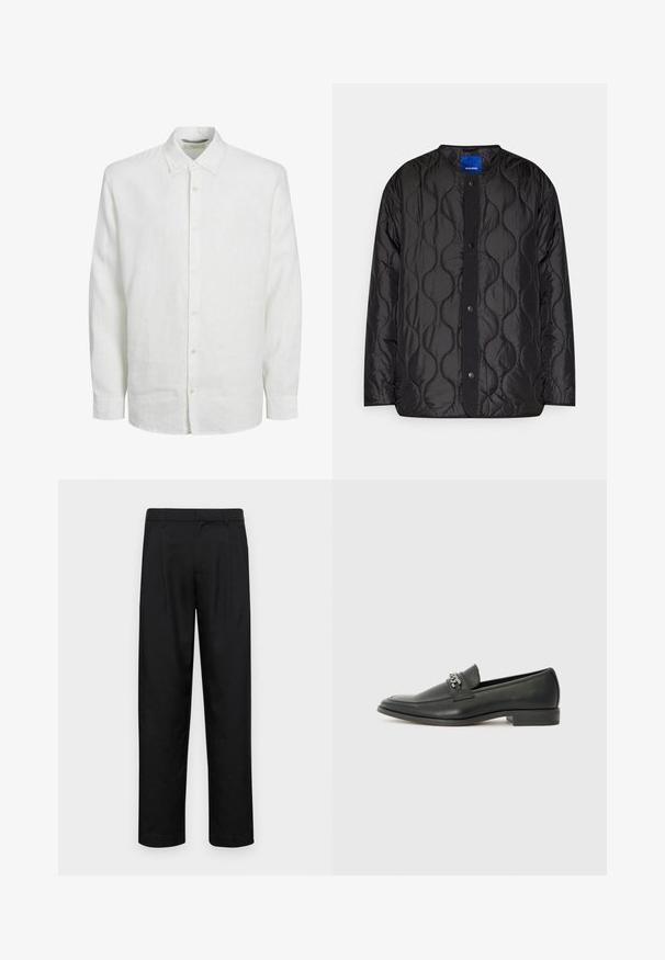 Črna prešita jakna z okroglim ovratnikom, z dotiki gumbov spredaj in teksturiranim valovitim vzorcem na blagu.; Bela dolgozla majica iz lanu, s sprednjim zapenjanjem, klasičnim ovratnikom in subtilno teksturo. Rokavi se končajo na zapestju z gumbi.; Črne hlače iz gladkega materiala, s krojem ravne noge, dvema sprednjima pregiboma in standardnim pasom z zankami za pas.; Črni usnjeni loafer z gladko površino, ki ima šivano zasnovo in dekorativni kovinski verižni naglas preko vampirja. Ravno peto.
