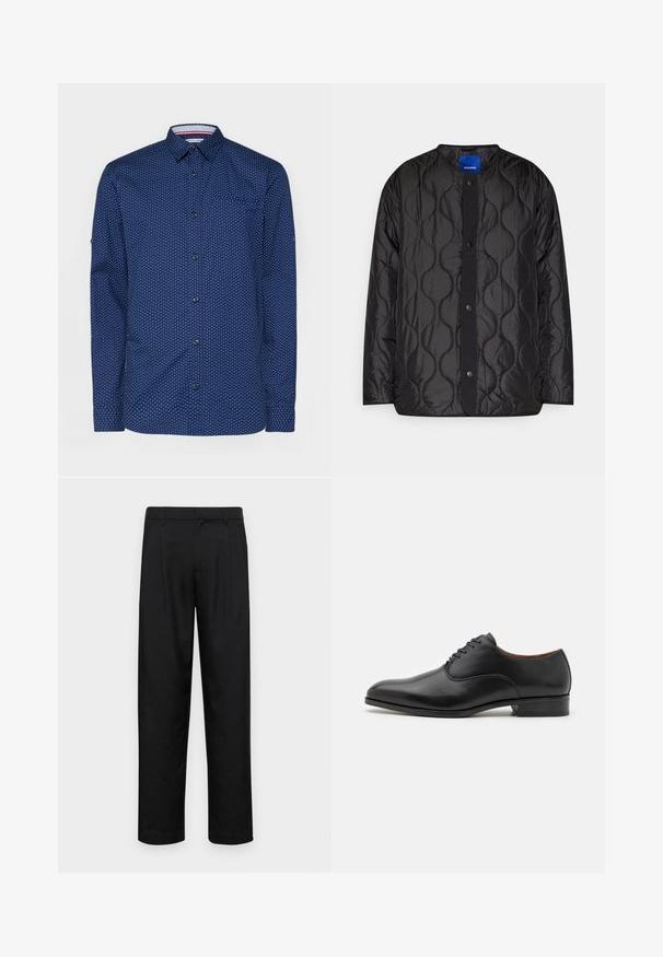 Melna, quiltota jaka ar apaļu apkakli, pogu aizdari priekšpusē un teksturētu viļņu rakstu uz auduma.; Tumši zila krekls ar baltām punktiņām, garām piedurknēm, ar pogām priekšpusē, vienu krūšu kabatu un kontrastējošu iekšējo apkakles detaļu.; Melnas bikses, izgatavotas no gludas auduma, ar taisnu kāju dizainu, divām priekšējām krokām un standarta jostu, kurai ir āķi.; Melnās ādas kurpes ar gludu apdari, smailu purngalu un sešu caurumu saistīšanas dizainu, ar zemu papēdi un smalkām izšuvumu akcentiem.