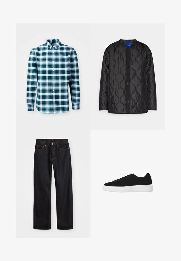 Mustmustrits jakK, millel on ümmargune krae, nööpidega esine sulgemine ja tekstureeritud laine muster kangal.; Roheline ja valge ruuduline pikkade varrukatega särk, millel on nööpidega krae ja esipaneeli nööbid. Valmistatud kerge kangaga ja omab struktureeritud disaini.; Meeste sirge jala mustad denim teksad viie taskuga, oranž õmblus, nupu ja tõmblukuga ees nagu vöökoht.; Must musta ketsid ümarate varvastega, lukk ees ja valge kummist taldadega. Lihtne disain minimaalse aktsentiga ja siledat tekstuuri.