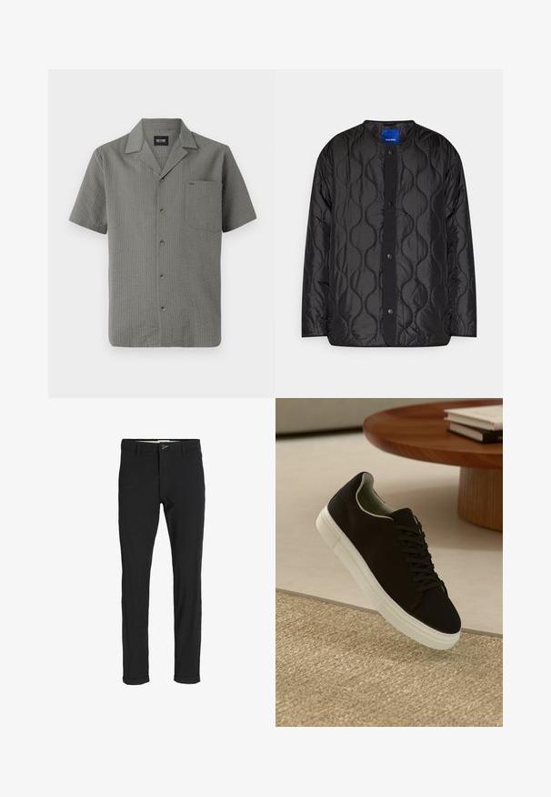 Black quilted jacket featuring a round collar, snap-button front closure, and textured wave pattern on the fabric.; Short-sleeve, gray shirt made of textured fabric, featuring a pointed collar, chest pocket, and dark buttons down the front.; Black cotton blend pants with a slim fit, featuring a button closure, pockets, and rolled cuffs for a casual finish.; Black sneaker with white sole floating above beige textured rug near round wooden table with stacked books.