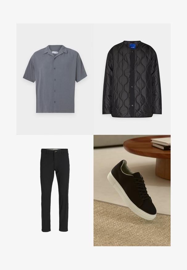 Črna prešita jakna z okroglim ovratnikom, z dotiki gumbov spredaj in teksturiranim valovitim vzorcem na blagu.; Kratek rokav, srajca s gumbi v temno sivi barvi, izdelana iz gladkega materiala. Ima razprto ovratnico in šest sprednjih gumbov. Minimalističen dizajn.; Črne bombažne hlače iz mešanice tkanin, ožjega kroja, z gumbom za zapiranje, žepi in zavihanimi robovi za sproščen videz.; Črni športni copat z belim podplatom lebdi nad bež teksturiranim preprogam blizu okroglega lesenega mize z zloženimi knjigami.