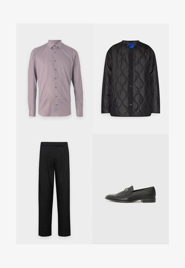 Jachetă neagră matlasată cu guler rotund, închidere frontală cu capse și model texturat în valuri pe țesătură.; Cămașă cu mâneci lungi și nasturi, de culoare albă, cu un model geometric în culorile roșu și bleumarin. Prezintă guler, mansete și o croială dreaptă.; Pantaloni negri dintr-un material neted, cu un design drept, două pliuri frontale și un tiv standard cu bucle pentru curea.; Pantofii negri din piele cu un finisaj neted, având un design cusut și un accent decorativ de lanț metalic peste partea de sus. Toc plat.