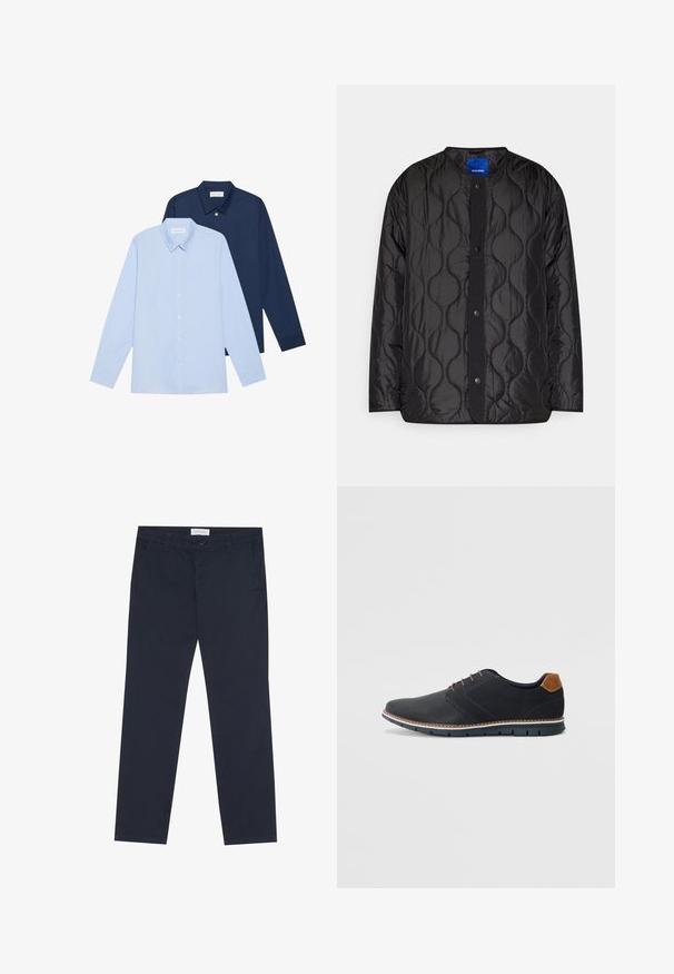 Čierna prešívaná bunda s okrúhlym golierom, zapínaním na cvočky a textúrovaným vlnitým vzorom na látke.; Dve košele s dlhým rukávom: jedna svetlomodrá a jedna tmavomodrá, obe s klasickým golierom a zapínaním na gombíky vpredu, vyrobené z hladkej tkaniny.; Námornícke modré nohavice z bavlny s hladkou textúrou, s predným zipsom, pútkami na opasok a bočnými vreckami pre funkčnosť.; Čierne syntetické topánky so štruktúrovaným zvrškom, hladkými akcentmi, hnedým opätkom a kontrastnou podrážkou. Majú minimálne šnurovanie a detaily prešitia.