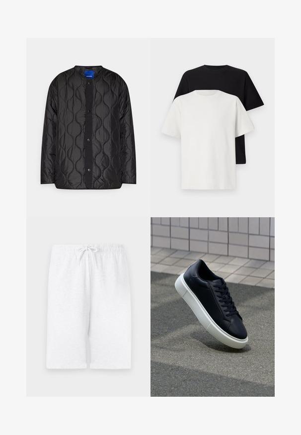 Svart quiltet jakke med rund krage, trykknap-lukking foran og teksturert bølge-mønster på stoffet.; Sett med bomull t-skjorter bestående av en svart topp og en hvit topp, begge med korte ermer, rund hals og standard passform. Teksturet stoff.; Hvite bomullsshorts med elastisk midjebånd og justerbar snor. Har rett snitt og glatt tekstur. Ingen mønstre eller detaljer.; Sorte skinnsneakers med rund tå og hvit gummisåle. Har flate lisser og minimal søm på overdelen. Strukturert såle for grep.