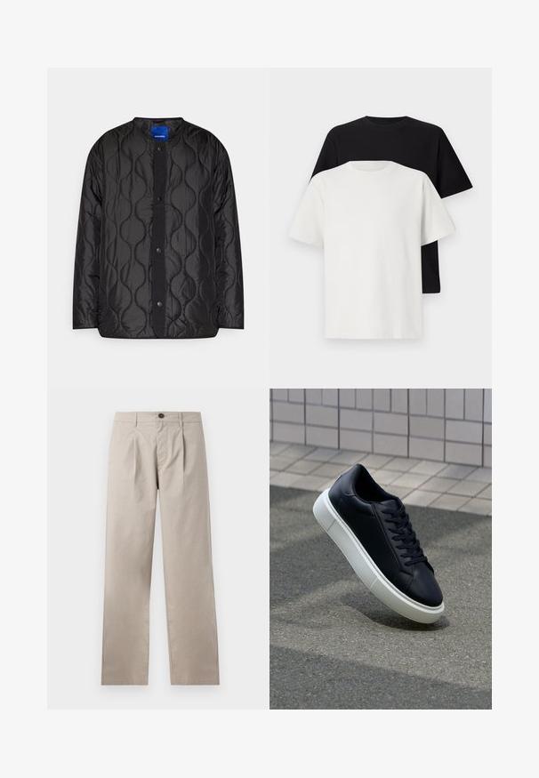 Veste matelassée noire avec un col rond, fermeture à boutons-pression à l'avant et motif ondulé texturé sur le tissu.; Ensemble de t-shirts en coton comprenant un haut noir et un haut blanc, tous deux à manches courtes, avec un col rond et une coupe standard. Tissu texturé.; Pantalon beige avec une jambe droite, comportant des plis simples, quatre poches et une fermeture à bouton à l'avant, fabriqué en tissu en coton léger.; Baskets noires en cuir avec bout arrondi et semelle en caoutchouc blanc. Elles présentent des lacets plats et une couture minimale sur la tige. Semelle texturée pour une bonne adhérence.