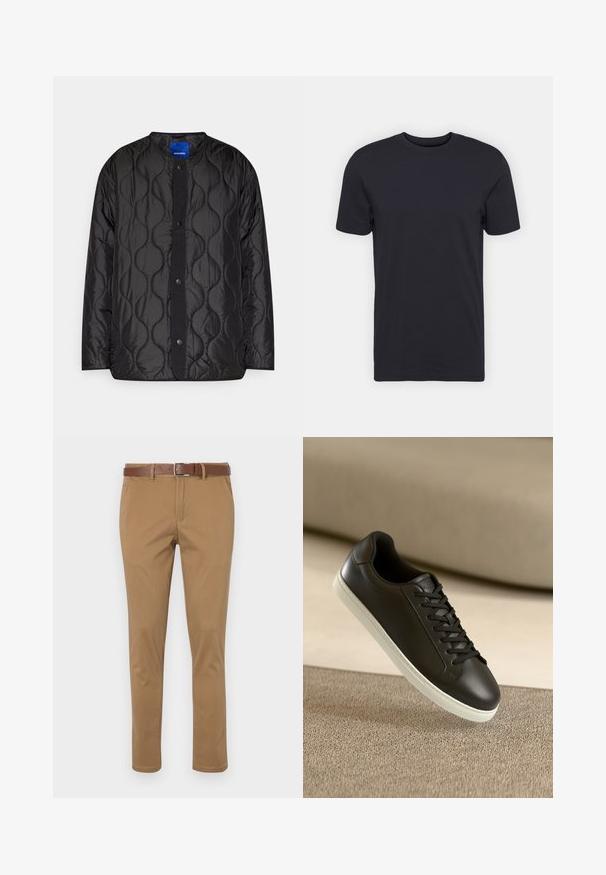 Sort quiltet jakke med rund krave, trykknaplukning foran og struktureret bølgemønster på stoffet.; Sort bomulds t-shirt, korte ærmer, rund halsudskæring, ensfarvet, let stof, glat tekstur, ingen synlige mønstre eller grafik.; Brune chinos med en struktureret overflade, der har skrå sidelommer, lukning med knap og lynlås samt et brunt læderbælte.; Sort lædersneaker med hvid gummisål og sorte snørebånd, placeret mod en beige stofoverflade og baggrund.