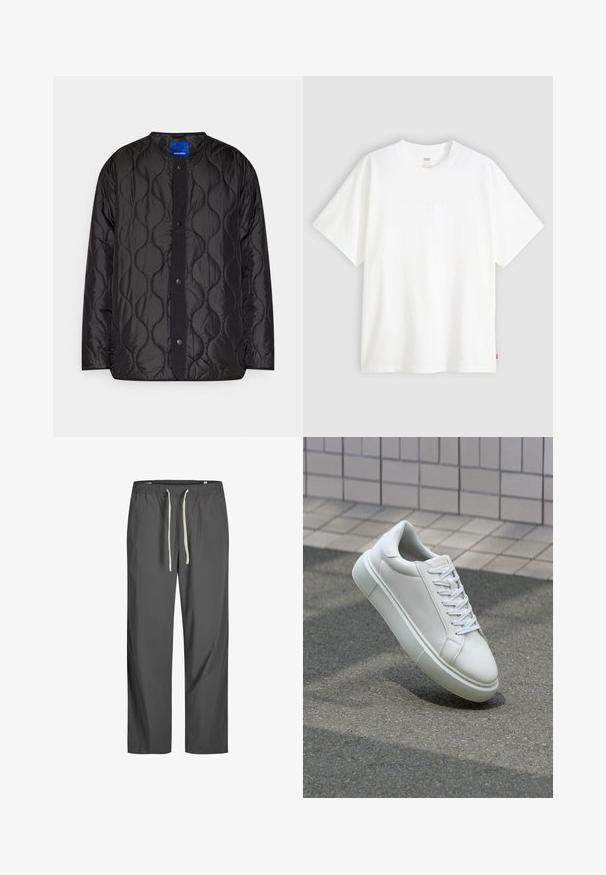 Juodas siuvinėtas švarkas su apykakle, užsegimu priekyje ant spaudžių ir tekstūruota bangų raštu ant audinio.; Baltas trumpas rankovės marškinėlis, pagamintas iš medvilnės, su apvalia iškirpte. Priekyje yra subtilus iškilus logotipas ir raudonas etiketas ant apačios.; Pilkos, lengvos kelnės su elastinga juosta ir baltu raišteliu. Laisvas siluetas, lygus tekstūroje, be matomų raštų ar akcentų.; Balti odiniai sportbačiai su lygiu paviršiumi, apvalia nosimi ir plokščiomis baltomis raištelėmis. Yra tekstūruotas gumos padas ir minimalizmas dizaino elementuose.
