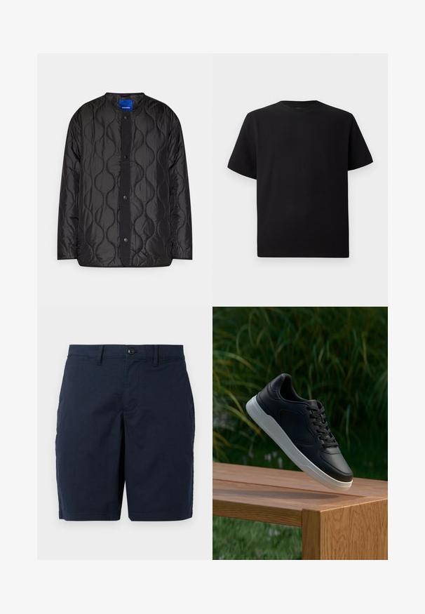 Svart quiltet jakke med rund krage, trykknap-lukking foran og teksturert bølge-mønster på stoffet.; Svart T-skjorte med korte ermer laget av teksturert stoff, med rund halslinning og en avslappet passform. Enkel, uten mønstre eller detaljer.; Mørkeblå shorts laget av lett materiale. Har knappelukking, flat front og to sidelommer. Klassisk, rett passform design.; Svart sneaker med hvit såle svevende over en trebenk, grønne blader i den utblurte bakgrunnen.