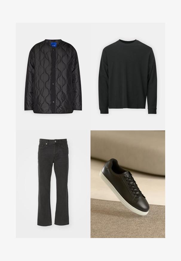 Črna prešita jakna z okroglim ovratnikom, z dotiki gumbov spredaj in teksturiranim valovitim vzorcem na blagu.; Dolga majica iz črnega bombaža z dolgimi rokavi, okroglim izrezom in ohlapnim krojem ter rebrastimi manšetami. Gladka tekstura brez vidnih vzorcev.; Črne, ravne hlače iz jeansa s klasičnim petim žepnim dizajnom in kovinsko opremo. Gladka tekstura z rahlo elastičnostjo.; Črne usnjene superge z belo gumijasto podplatom in črnimi vezalkami, postavljene na bež tkaninsko površino in ozadje.