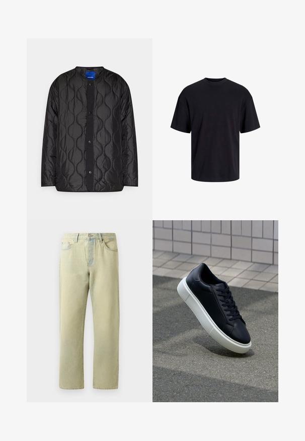 Svart vadderad jacka med rund krage, knappstängning fram och en strukturerad vågmönster på tyget.; Svart bomullströja med rundad halsringning, korta ärmar och avslappnad passform. Slät textur utan synliga mönster eller detaljer.; Ljust gula denimjeans med rak bendesign, fem fickor och subtilt blekning. Har en metallknappsstängning och bältesöglor.; Svart lädersneaker med rundad tå och vit gummisula. Har platta snören och minimal sömnad på ovansidan. Texturerad sula för grepp.