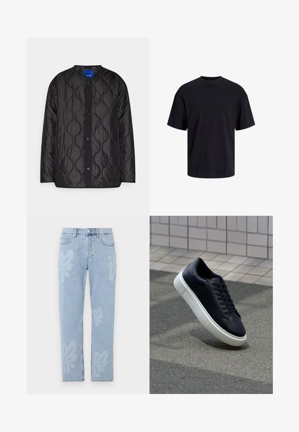 Black quilted jacket featuring a round collar, snap-button front closure, and textured wave pattern on the fabric.; Black cotton t-shirt with a crew neckline, short sleeves, and a relaxed fit. Smooth texture and no visible patterns or accents.; Light blue denim jeans featuring floral patterns and a straight-leg cut. Standard waistband with a button closure and five pockets.; Black leather sneaker with rounded toe and white rubber sole. Features flat laces and minimal stitching on the upper. Textured sole for grip.
