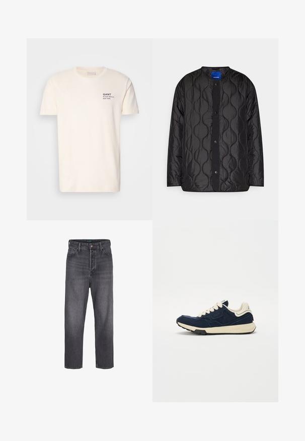 Schwarze gesteppte Jacke mit rundem Kragen, Druckknopf-Frontverschluss und strukturiertem Wellenmuster auf dem Stoff.; Cremefarbenes Baumwoll-T-Shirt mit Rundhalsausschnitt, kurzen Ärmeln und einem kleinen navyblauen Druck auf der Brust mit der Aufschrift "GANT 32 EAST 39TH ST. NEW YORK."; Dunkelgraue Denim-Jeans mit geradem Bein, hoher Taille, Fünf-Taschen-Styling und leichter Ausbleichung. Metallknopf und Reißverschluss. ; Dunkelblaue Sneaker mit einem strukturierten Wildleder-Obermaterial, cremefarbenen Schnürsenkeln und einer beigefarbenen Zwischensohle. Verfügt über ein klassisches sportliches Design und eine Gummisohle.