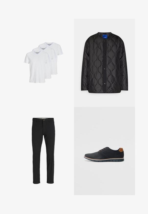 Zwarte gewatteerde jas met een ronde kraag, drukknopen aan de voorkant en een getextureerd golfpatroon op de stof.; Drie witte T-shirts met korte mouwen en V-hals van katoen, met een eenvoudig ontwerp, contrasterende halslijn en een subtiele merklogo aan de binnenkant.; Zwarte katoenen broek van een katoenmix met een slim fit, voorzien van een knoopsluiting, zakken en opgerolde mouwen voor een casual afwerking.; Zwarte synthetische schoenen met een gestructureerde bovenkant, gladde accenten, bruine hak en een contrasterende zool. Bevat minimale veters en stikdetails.