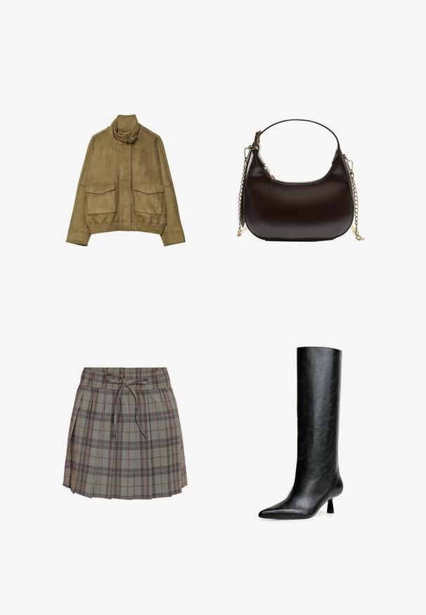 Zelená semišová bunda s vysokým golierom, dvoma prednými vreckami a rebrovaným pásom. Hladká textúra a prispôsobené dizajnové detaily.; Biela košeľa na gombíky vyrobená z hladkej tkaniny. Má klasický golier, dlhé rukávy a rovný strih bez viditeľných vzorov alebo ozdôb.; Károvaná sukňa s elastickým pásom a nastaviteľnou šnúrkou. Má svetlošedý základ s čiernymi a červenými karovanými vzormi.; Čierne vysoké čižmy vyrobené z textúrovanej kože. Majú špicatú špičku a malý, rozšírený opätok. Elegantný, hladký design s minimálnymi akcentmi.; Čierna kožená taška cez rameno s zakriveným siluetou, vybavená zlatým reťazcom a hladkým, lesklým povrchom.