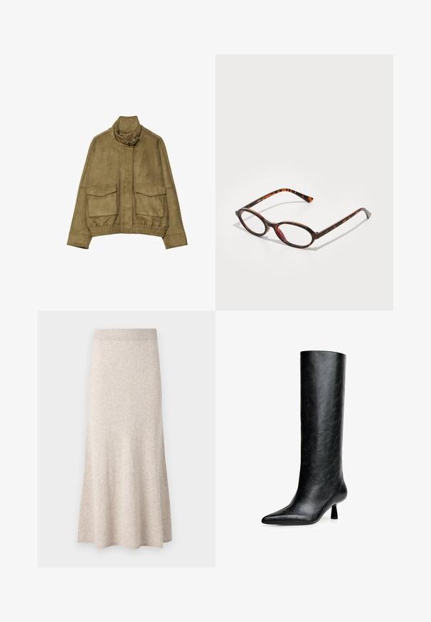 Suedesjakke i olivengrøn med høj krave, to forlommer og ribbet talje. Glat tekstur og skræddersyede designdetaljer.; Hvid skjorte med knap-lukning lavet af glat stof. Har en klassisk krave, lange ærmer og en lige pasform uden synlige mønstre eller udsmykninger.; Lys beige strikket nederdel med ribbede linning, flared A-formet facon og blød tekstur, som har subtile variationer i stoffet.; Sort knæhøje støvler lavet af struktureret læder. Har en spids tå og en lille, udvidet hæl. Slankt, glat design med minimale accenter.; Skildpaddedesign solbriller med ovale linser, der har en mørk ramme med lyse og mørke brune mønstre samt slanke, buede stænger.; Sort læder skuldertaske med en buet silhuet, der har en guld kædestrop og en glat, blank finish.