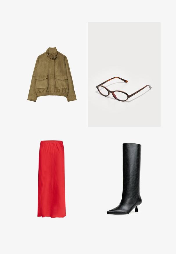 Olivengrüne Wildlederjacke mit hohem Kragen, zwei aufgesetzten Taschen und geripptem Bündchen. Glatte Textur und maßgeschneiderte Designdetails.; Weißes Hemd mit Knöpfen aus glattem Stoff. Es hat einen klassischen Kragen, lange Ärmel und einen geraden Schnitt ohne sichtbare Muster oder Verzierungen.; Rote Maxikleid aus leichtem Stoff, mit elastischem Bund und einem glatten, fließenden Design. Keine Muster oder Verzierungen.; Schwarze kniehohe Stiefel aus strukturiertem Leder. Mit spitzem Zeh und kleinem, ausgestellt Absatz. Schlankes, glattes Design mit minimalen Akzenten.; Schildpatt-Sonnenbrille mit ovalen Gläsern, ausgestattet mit einem dunklen Gestell mit hellen und dunklen Brauntönen sowie schlanken, geschwungenen Bügeln.; Schwarze Leder-Umhängetasche mit einer geschwungenen Silhouette, ausgestattet mit einem goldenen Kettenriemen und einer glatten, glänzenden Oberfläche.