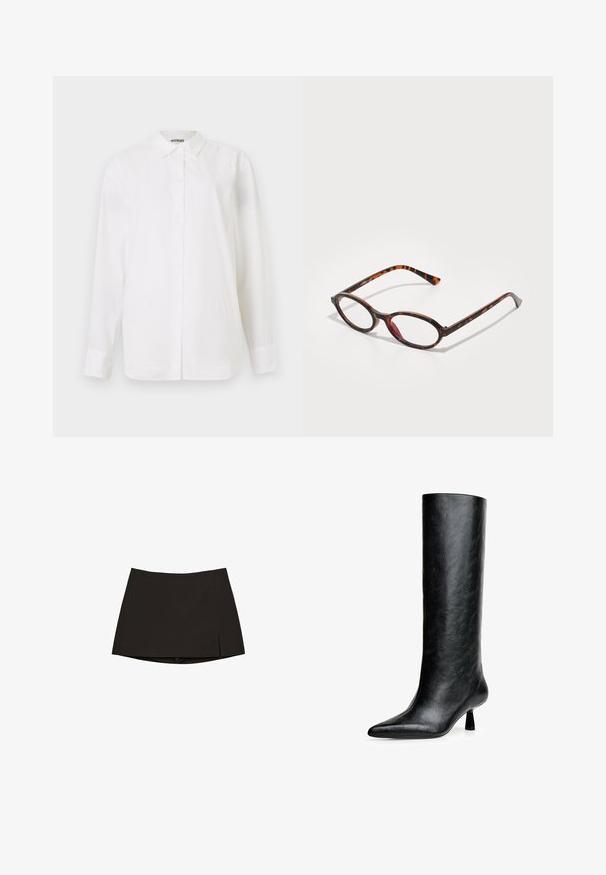 Semiš jopič v olivno zeleni barvi z visokim ovratnikom, dvema sprednjima žepoma in rebrastim pasom. Gladka tekstura in natančno oblikovani detajli.; Bela srajca s kragnjo iz gladkega materiala. Ima klasično ovratnico, dolge rokave in ravno krojenje brez vidnih vzorcev ali okrasnih elementov.; Črna mini krila s ravnim krojem in rahlo stransko odprtino. Narejena iz gladkega materiala, ima čist rob in minimalističen dizajn.; Črne gležnjeke do kolen, narejene iz strukturirane usnje. Imajo koničast toe in majhen, razširjen peto. Eleganten, gladek dizajn z minimalnimi poudarki.; Kornjačaste sončne očala z ovalnimi lečami, ki imajo temen okvir z svetlimi in temnimi rjavimi vzorci ter drobnimi, ukrivljenimi nogicami.; Črna usnjena torba za ramena s ukrivljeno silhueto, ki ima zlat trak in gladko, sijočo površino.